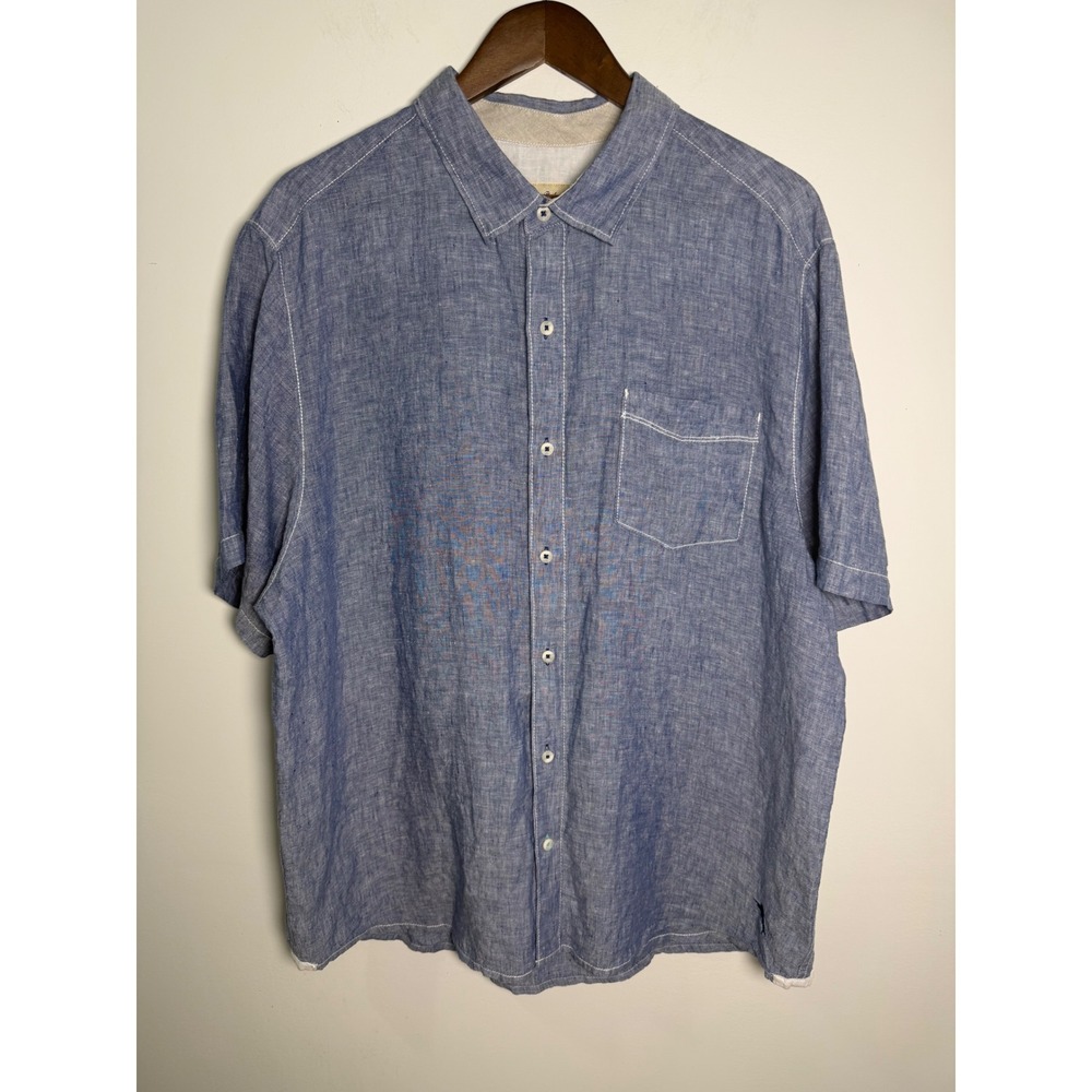 Tommy Bahama Mens XL Blue 100%Linen Short Sleeve Button Up Shirt Contrast Stitch